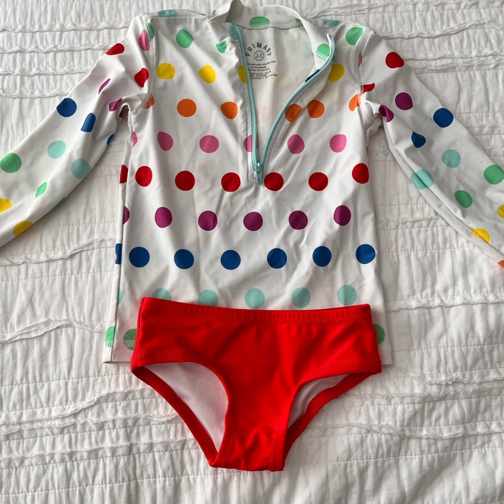 Primary Polka Dot Rash Guard Set with Red Swim Bottoms